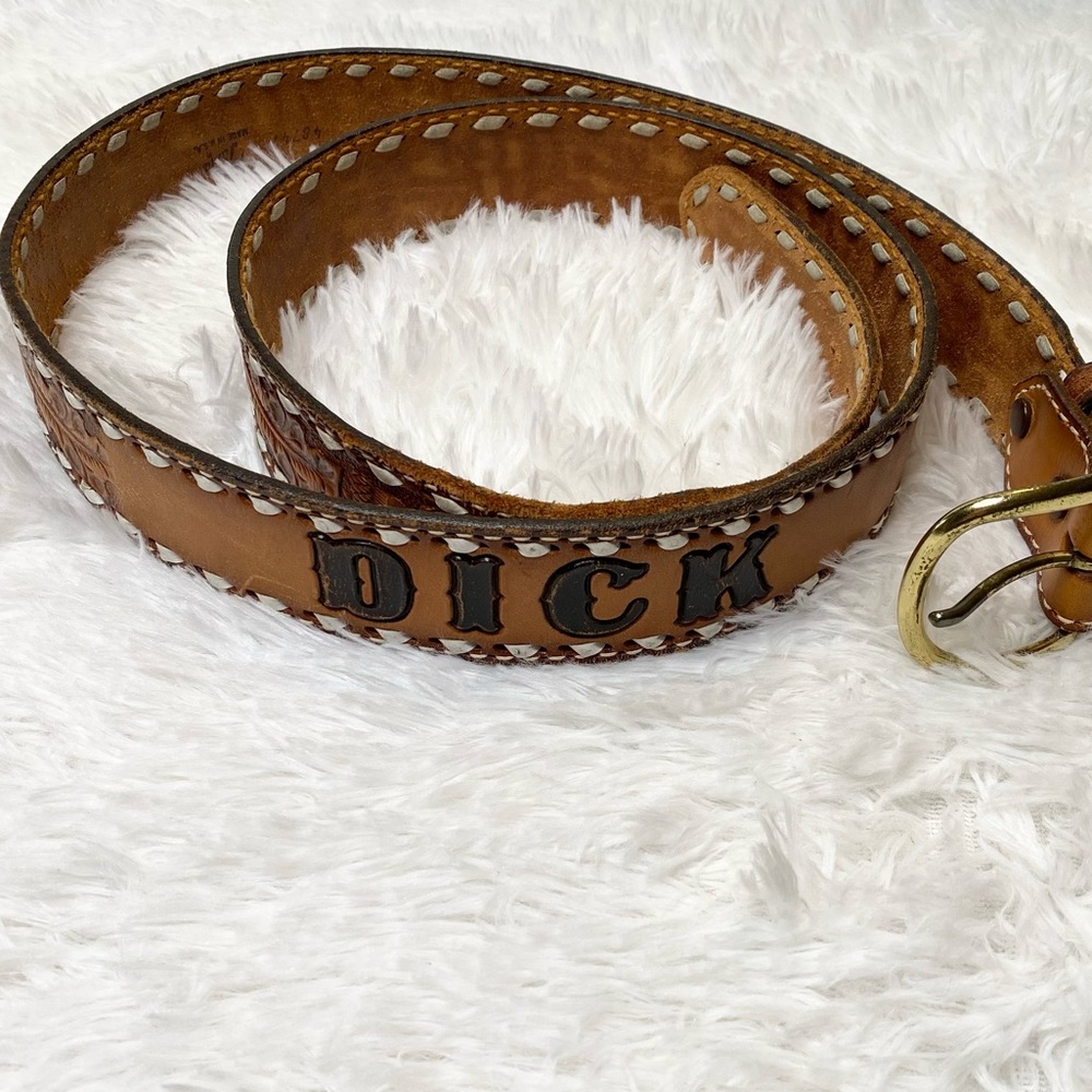 Vintage Tony Lama “Dick” Custom Name Tooled Leather Belt